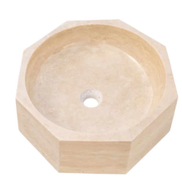 Marble Sink – Light Beige Travertine Octagon Vessel Bathroom Sink Polished | Natural Stone Above-Counter Basin 16"x16"x5"