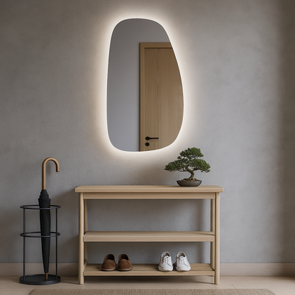 Modern LED Bathroom Mirror – Organic Asymmetrical Backlit Wall Mirror with Warm & Cool Light