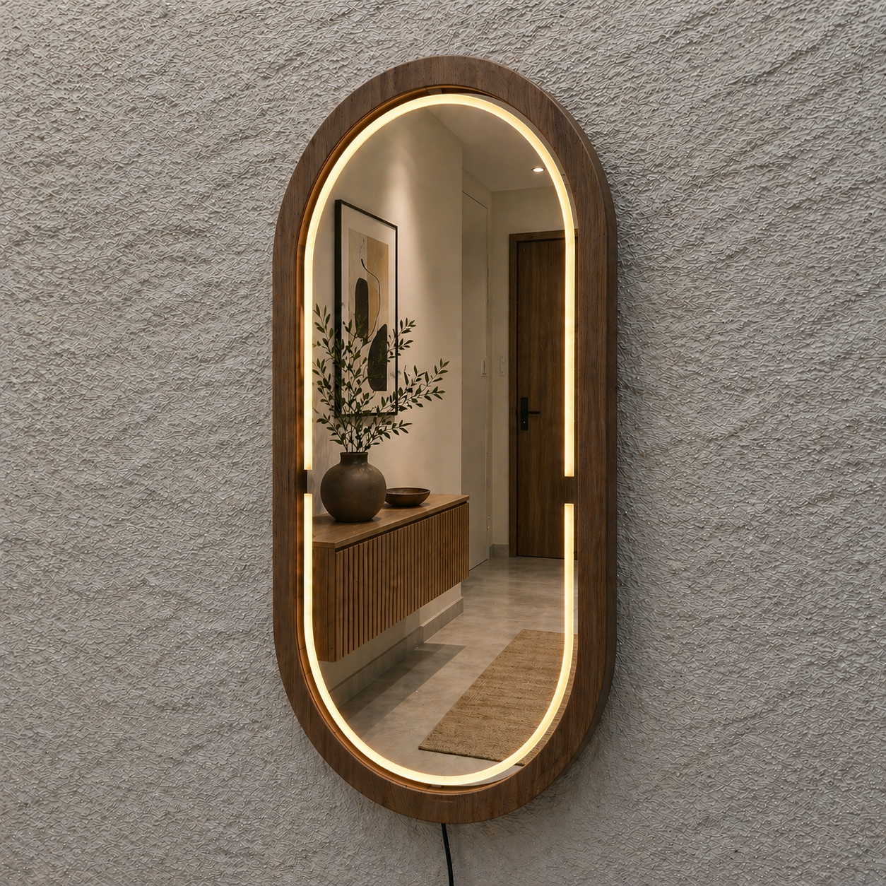 Handmade Beech Wood Framed LED Capsule Mirror Dimmable Lighted Wall Mirror
