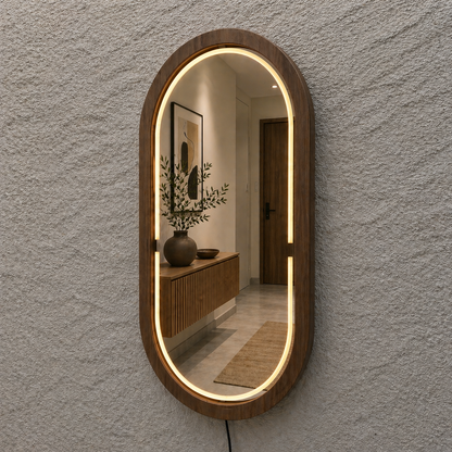 Handmade Beech Wood Framed LED Capsule Mirror Dimmable Lighted Wall Mirror