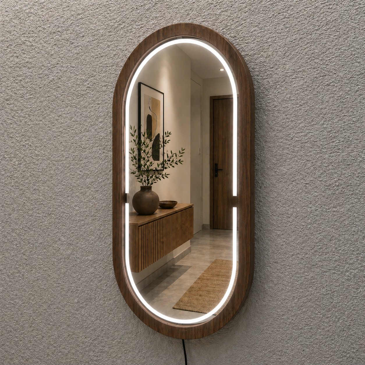 Handmade Beech Wood Framed LED Capsule Mirror Dimmable Lighted Wall Mirror