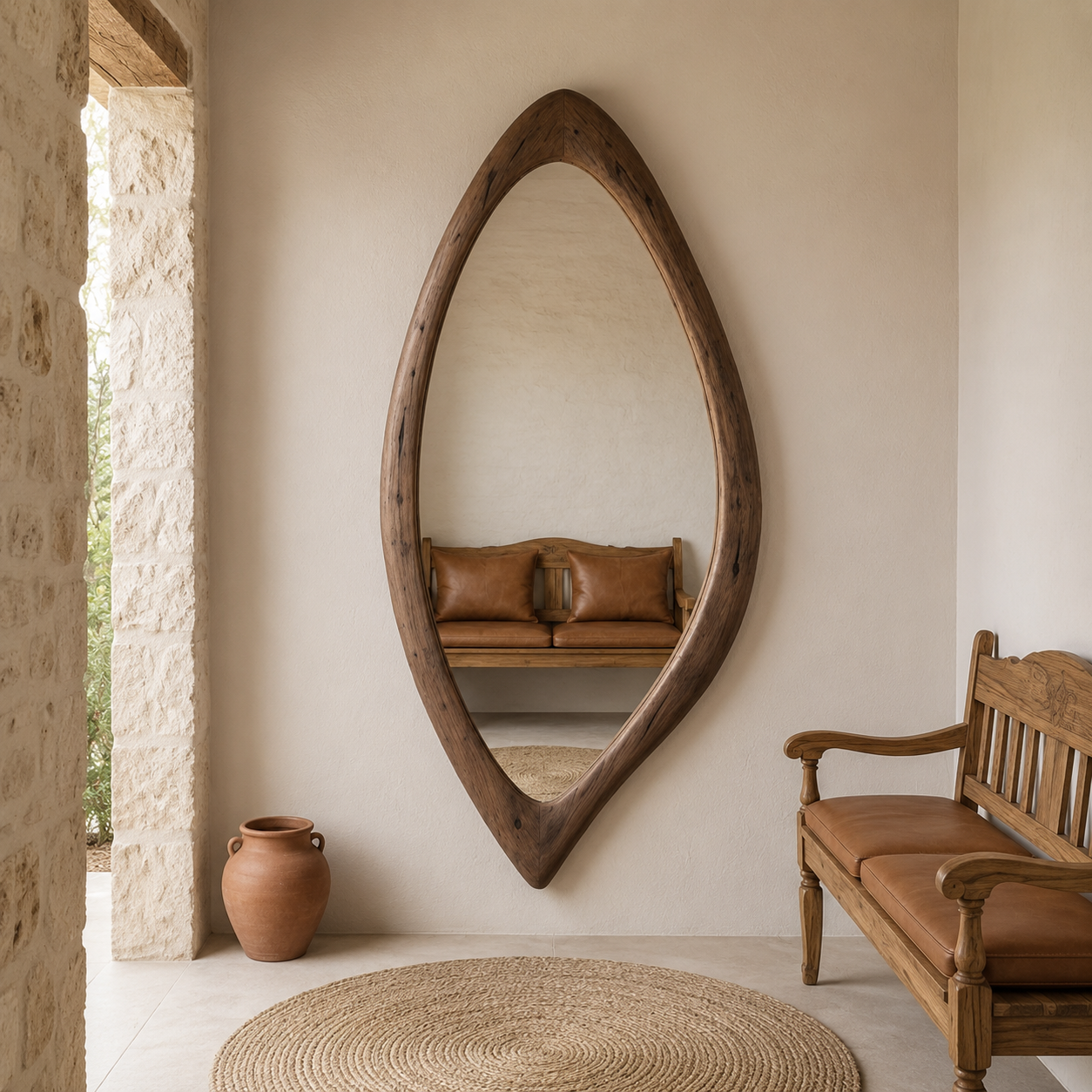 Organic Teardrop Wood Mirror, Solid Wood Wall Mirror, Asymmetrical Irregular Mirror, Walnut Mirror, Rustic Japandi Entryway Decor