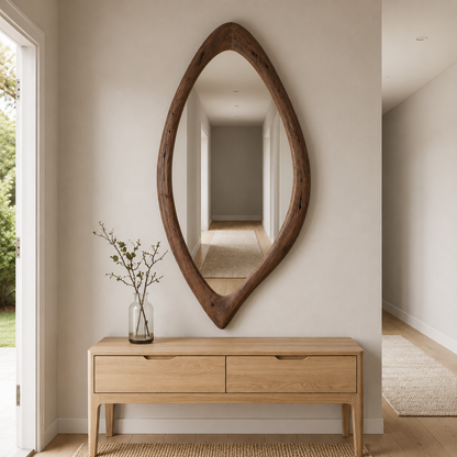 Organic Teardrop Wood Mirror, Solid Wood Wall Mirror, Asymmetrical Irregular Mirror, Walnut Mirror, Rustic Japandi Entryway Decor