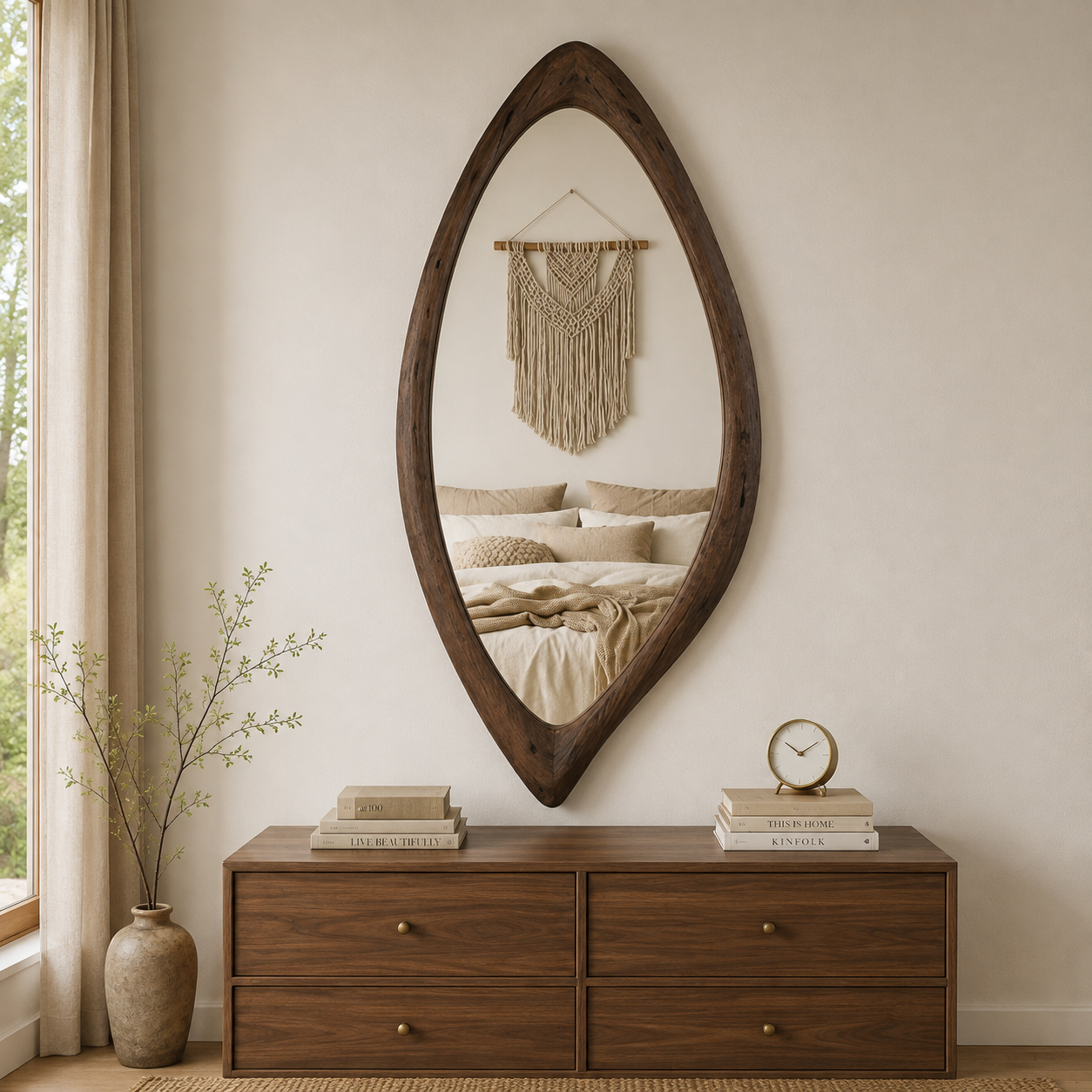 Organic Teardrop Wood Mirror, Solid Wood Wall Mirror, Asymmetrical Irregular Mirror, Walnut Mirror, Rustic Japandi Entryway Decor