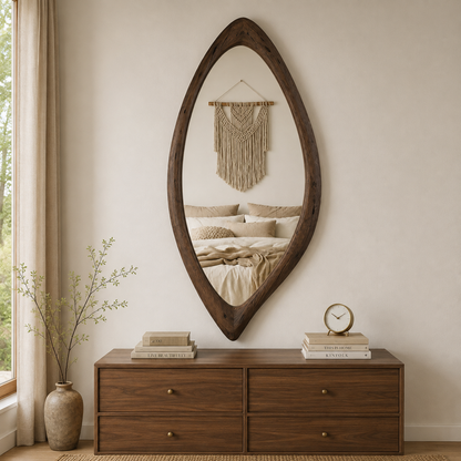 Organic Teardrop Wood Mirror, Solid Wood Wall Mirror, Asymmetrical Irregular Mirror, Walnut Mirror, Rustic Japandi Entryway Decor