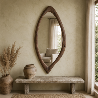 Organic Teardrop Wood Mirror, Solid Wood Wall Mirror, Asymmetrical Irregular Mirror, Walnut Mirror, Rustic Japandi Entryway Decor