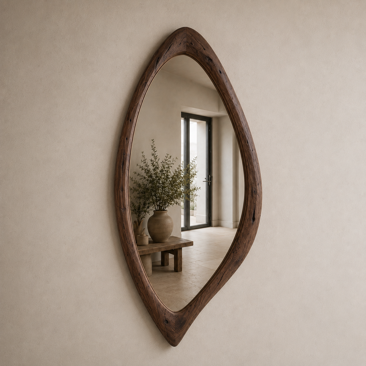 Organic Teardrop Wood Mirror, Solid Wood Wall Mirror, Asymmetrical Irregular Mirror, Walnut Mirror, Rustic Japandi Entryway Decor