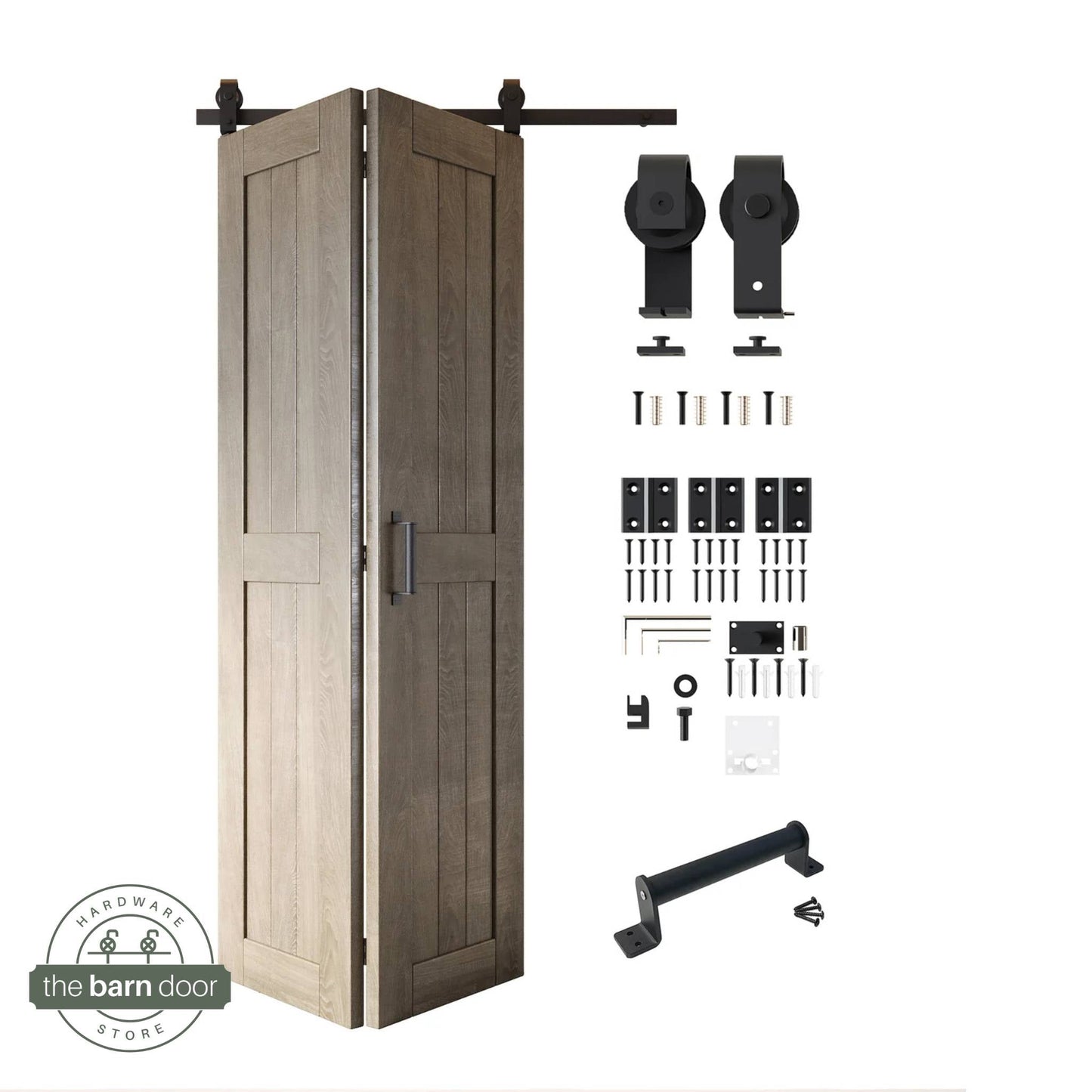 2-Door Bifold Barn Door Kit - Black Hardware with Folding Panels for Space-Saving Closets