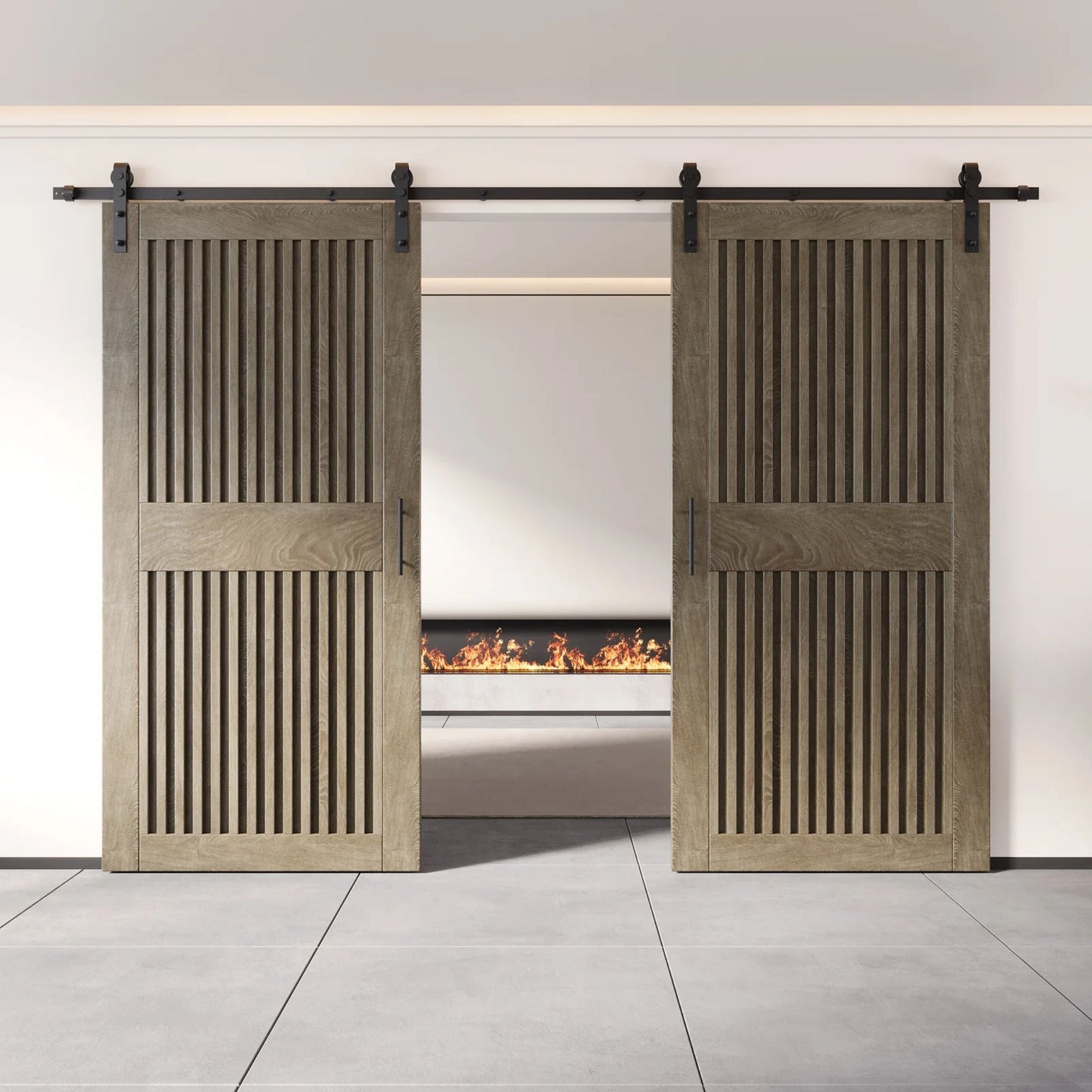 Double Barn Door Kit - Vertical Slat Design with Black Hardware & Custom Finishes