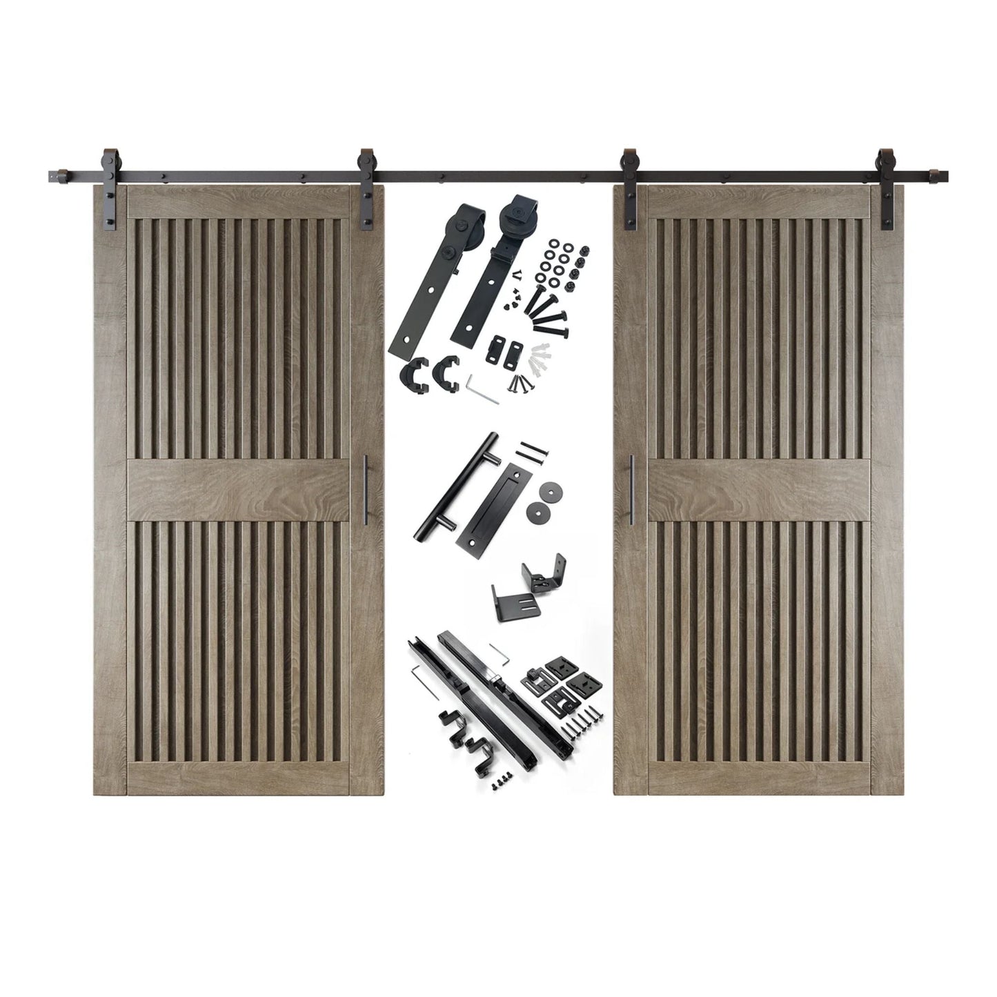 Double Barn Door Kit - Vertical Slat Design with Black Hardware & Custom Finishes