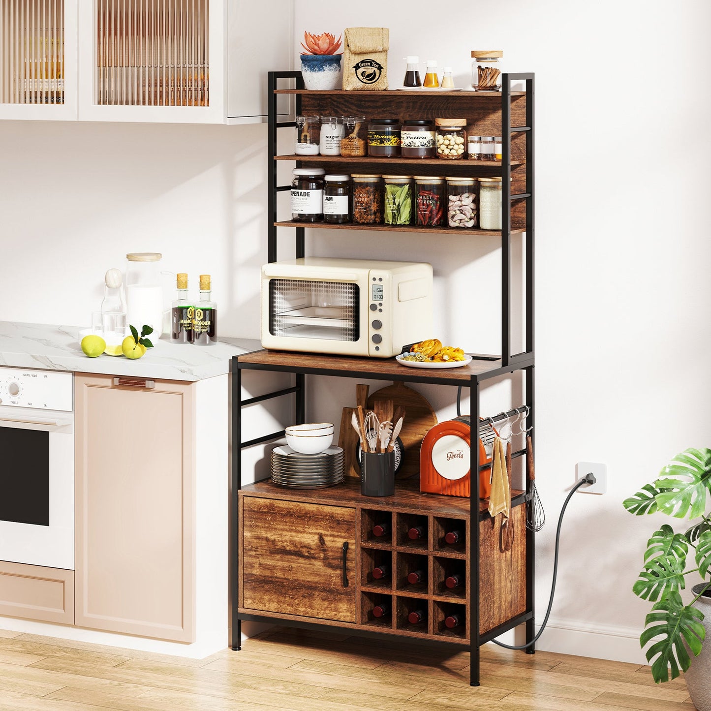 Coffee Bar Cabinet with S-Shaped Hooks and Wine Bottle Holders-Rustic Brown
