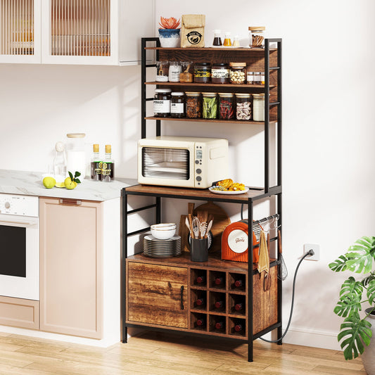 Coffee Bar Cabinet with S-Shaped Hooks and Wine Bottle Holders-Rustic Brown