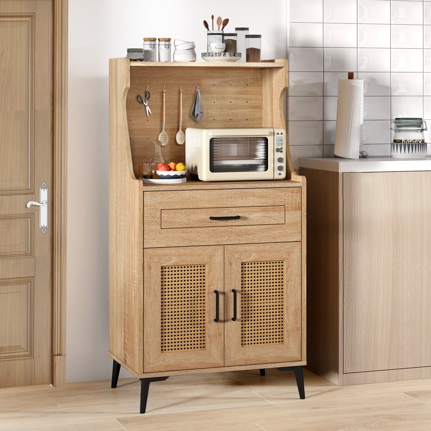 Coffee Bar Cabinet with Pegboard Storage Drawer and Adjustable Shelf-Oak