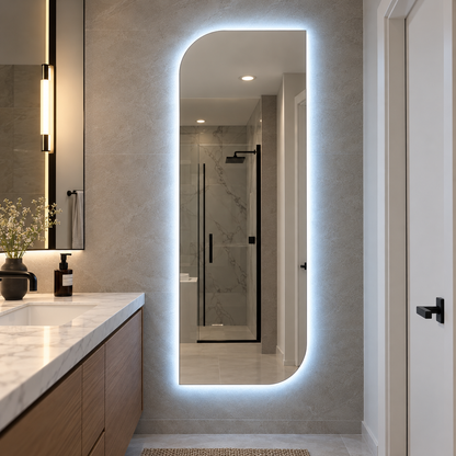 Asymmetrical LED Full Length Mirror, Frameless Backlit Wall Light, Bedroom Bathroom Mirror