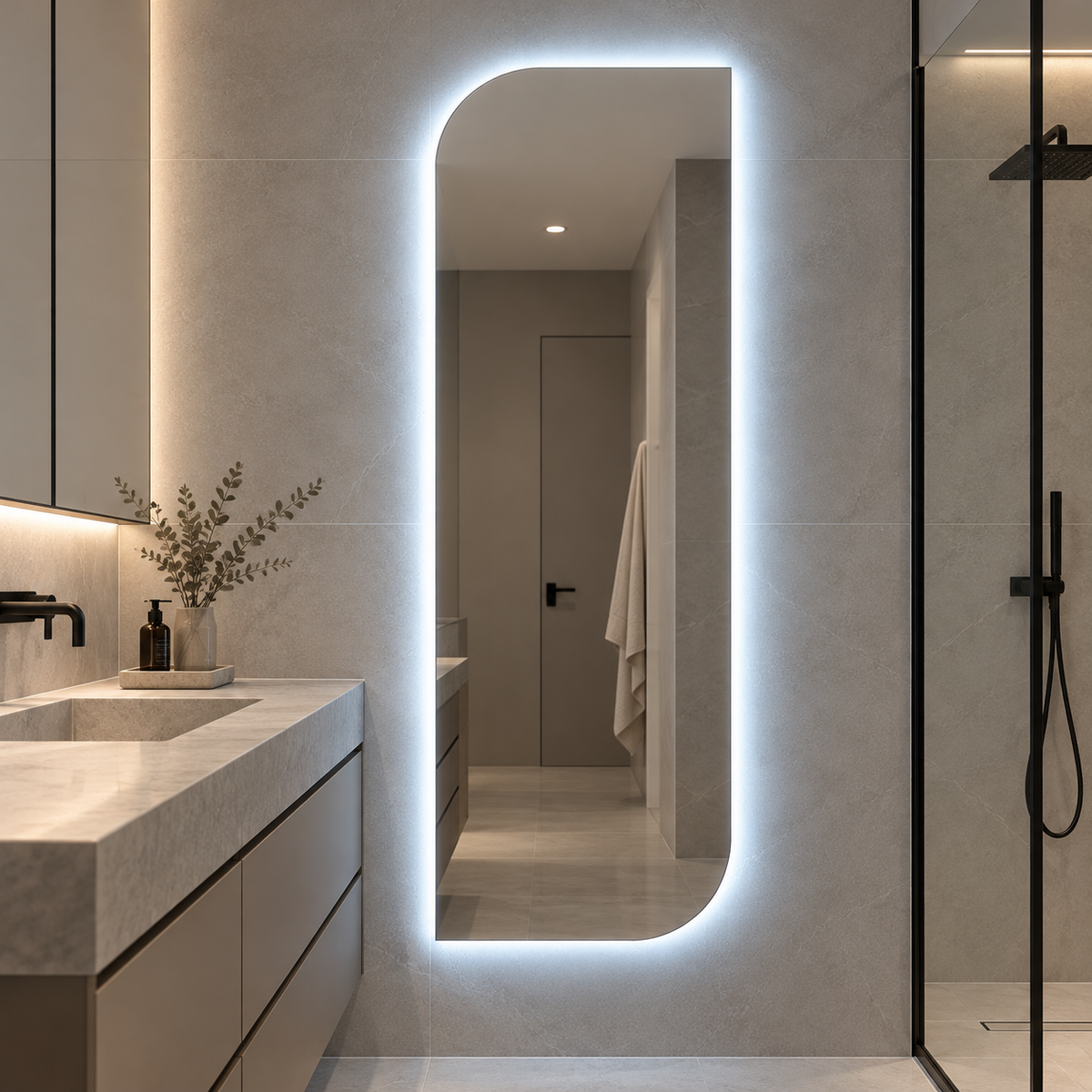 Asymmetrical LED Full Length Mirror, Frameless Backlit Wall Light, Bedroom Bathroom Mirror