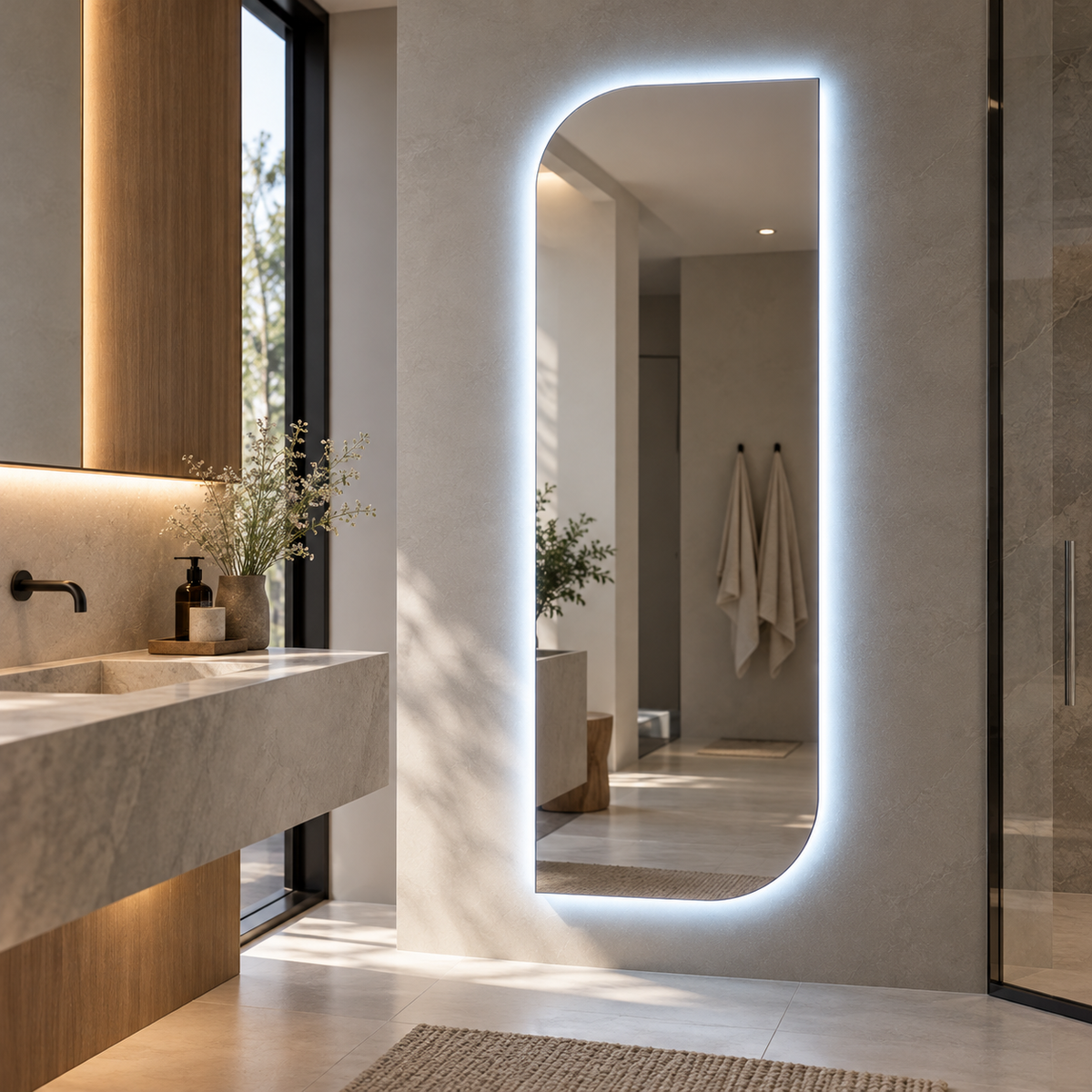 Asymmetrical LED Full Length Mirror, Frameless Backlit Wall Light, Bedroom Bathroom Mirror