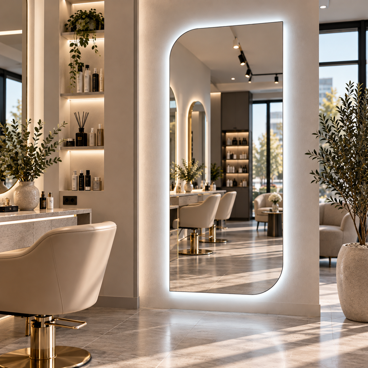 Asymmetrical LED Full Length Mirror, Frameless Backlit Wall Light, Bedroom Bathroom Mirror