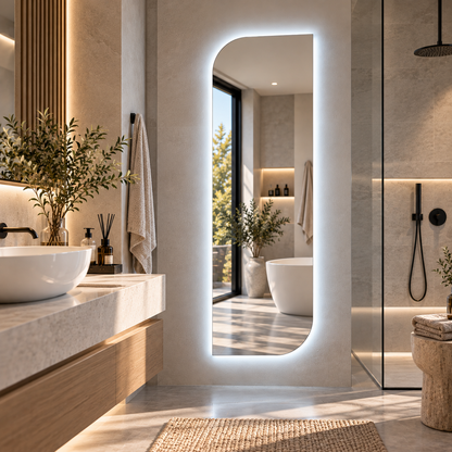 Asymmetrical LED Full Length Mirror, Frameless Backlit Wall Light, Bedroom Bathroom Mirror