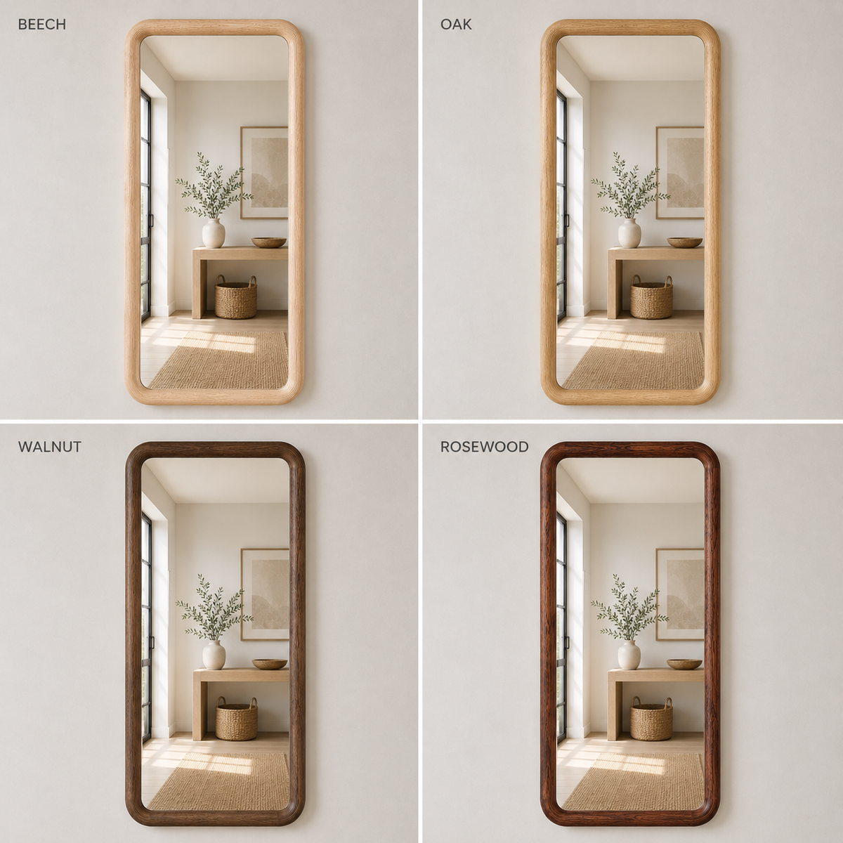 Rounded Rectangle Wall Mirror, Wood Framed Mirror, Solid Beech Wood Bathroom Vanity Mirror