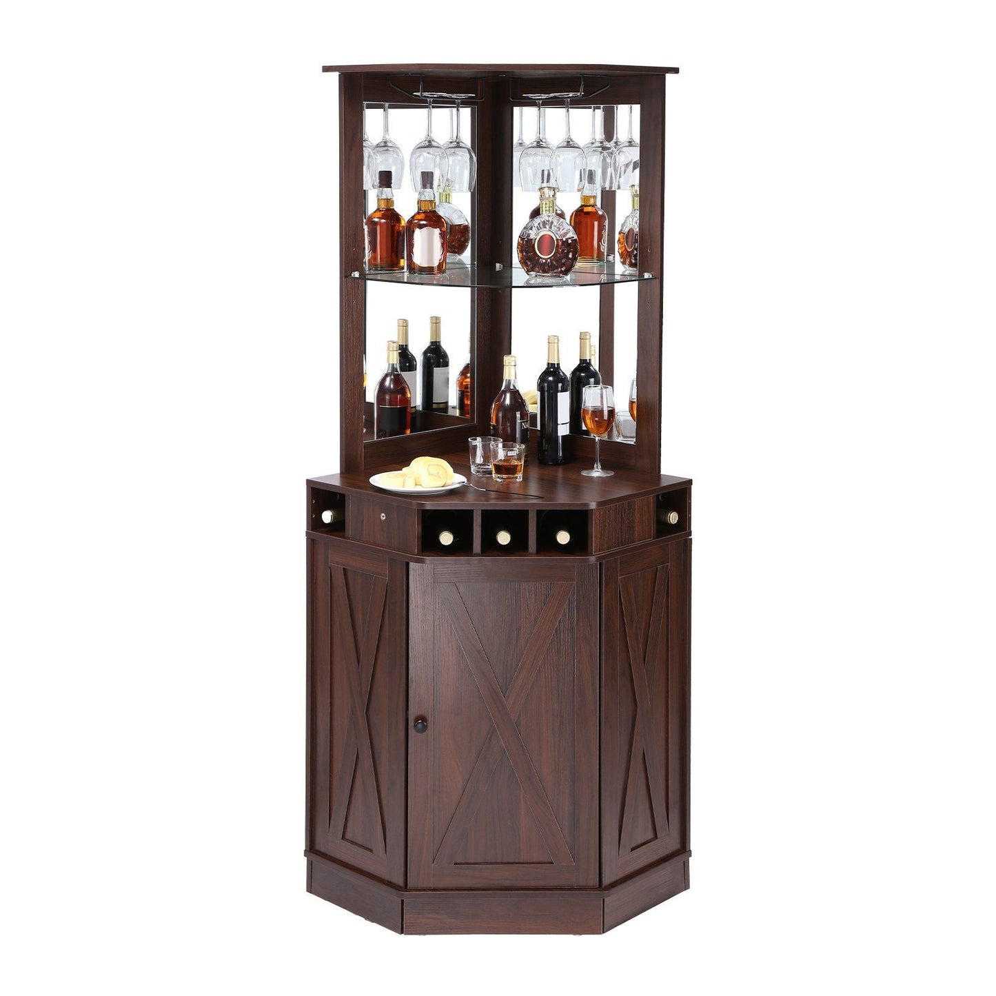 Corner Industrial Bar Cabinet, Wine Table for Liquor & Glasses, Sideboard Buffet Cabinet with Glass Holder, Freestanding Farmhouse Wood Coffee Bar Cabinet for Living Room, Home Bar, Black Walnut