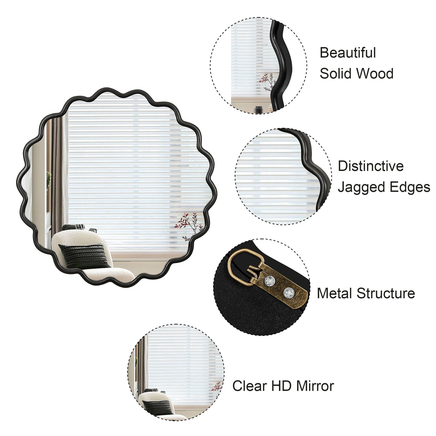 Black Wavy Wood Mirror - Solid Wood Frame Wall Mirror