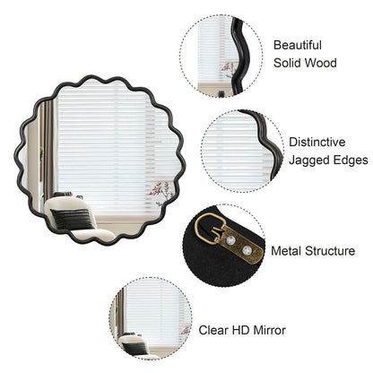 Black Wavy Wood Mirror - Solid Wood Frame Wall Mirror