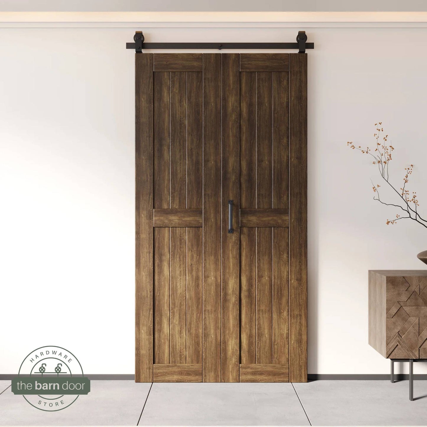 2-Door Bifold Barn Door Kit - Black Hardware with Folding Panels for Space-Saving Closets