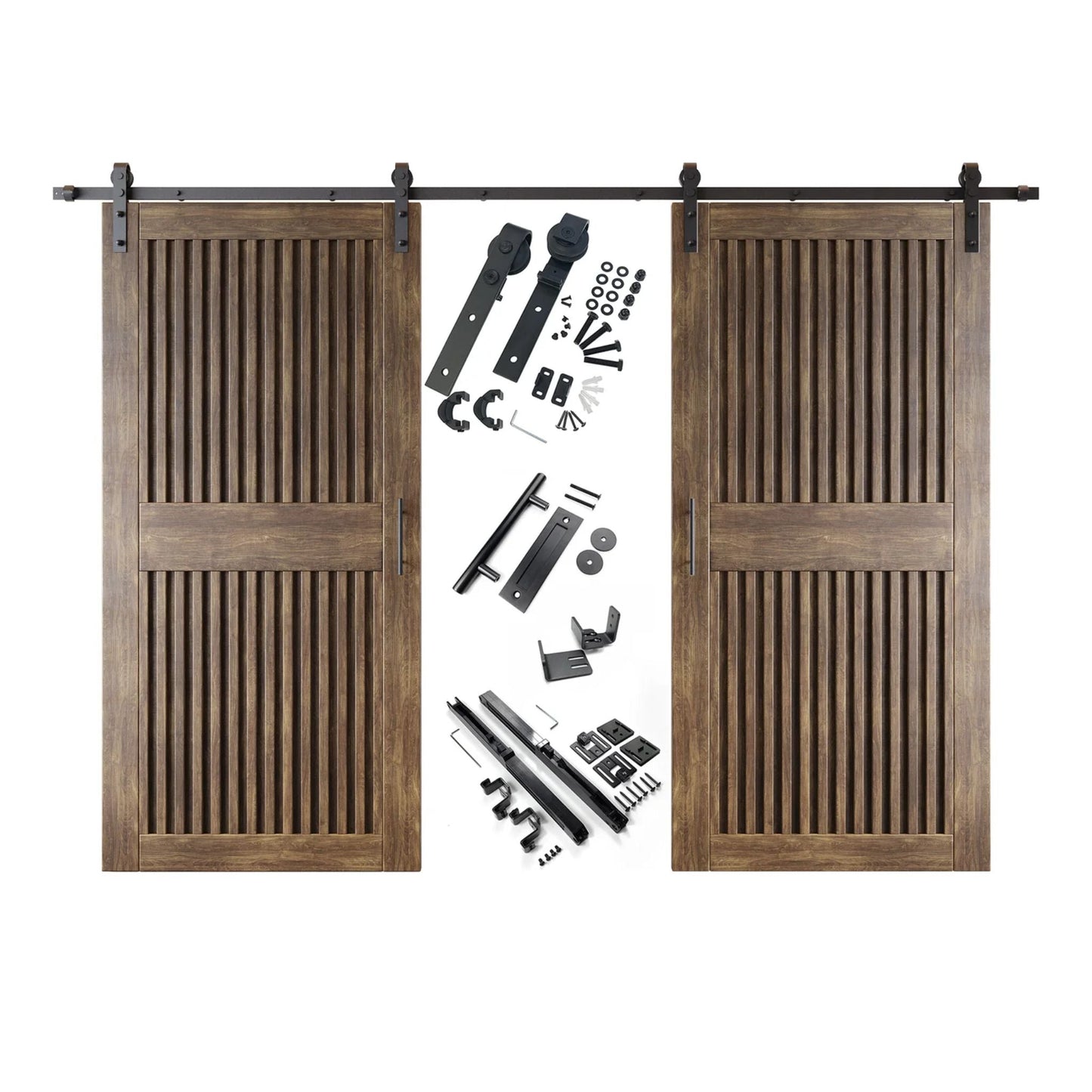 Double Barn Door Kit - Vertical Slat Design with Black Hardware & Custom Finishes