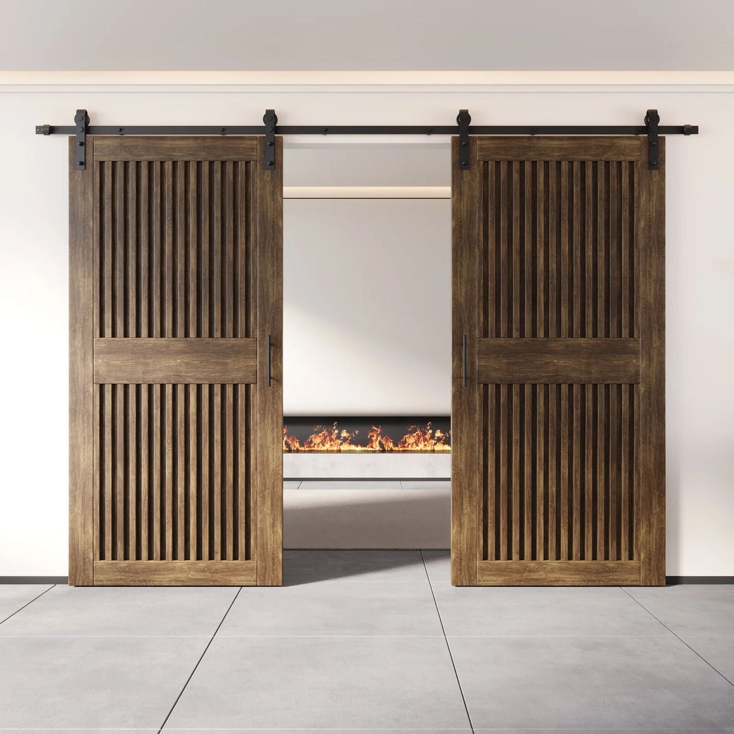 Double Barn Door Kit - Vertical Slat Design with Black Hardware & Custom Finishes