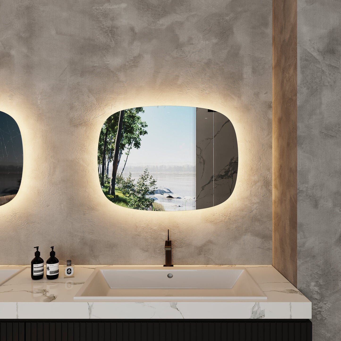 LED Bathroom Mirror Irregular Shape – Modern Asymmetrical Backlit Vanity Mirror | Warm & Cool Light (3000K–6500K)