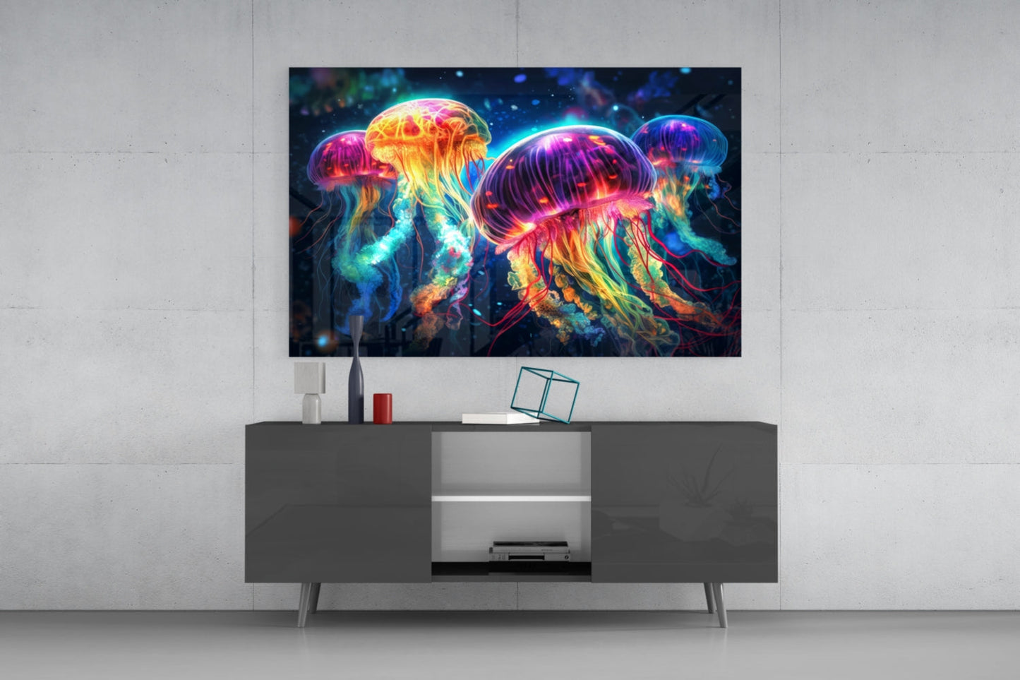 Four Neon Jellyfish Deep Sea Glow Glass Wall Art