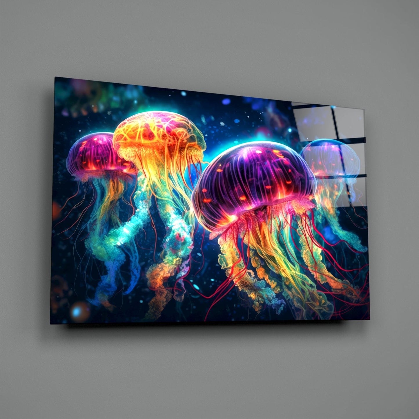 Four Neon Jellyfish Deep Sea Glow Glass Wall Art