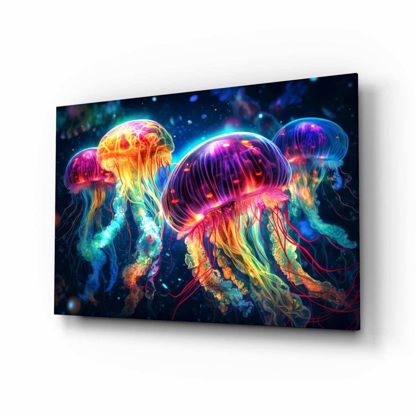 Four Neon Jellyfish Deep Sea Glow Glass Wall Art