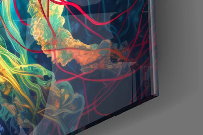 Four Neon Jellyfish Deep Sea Glow Glass Wall Art