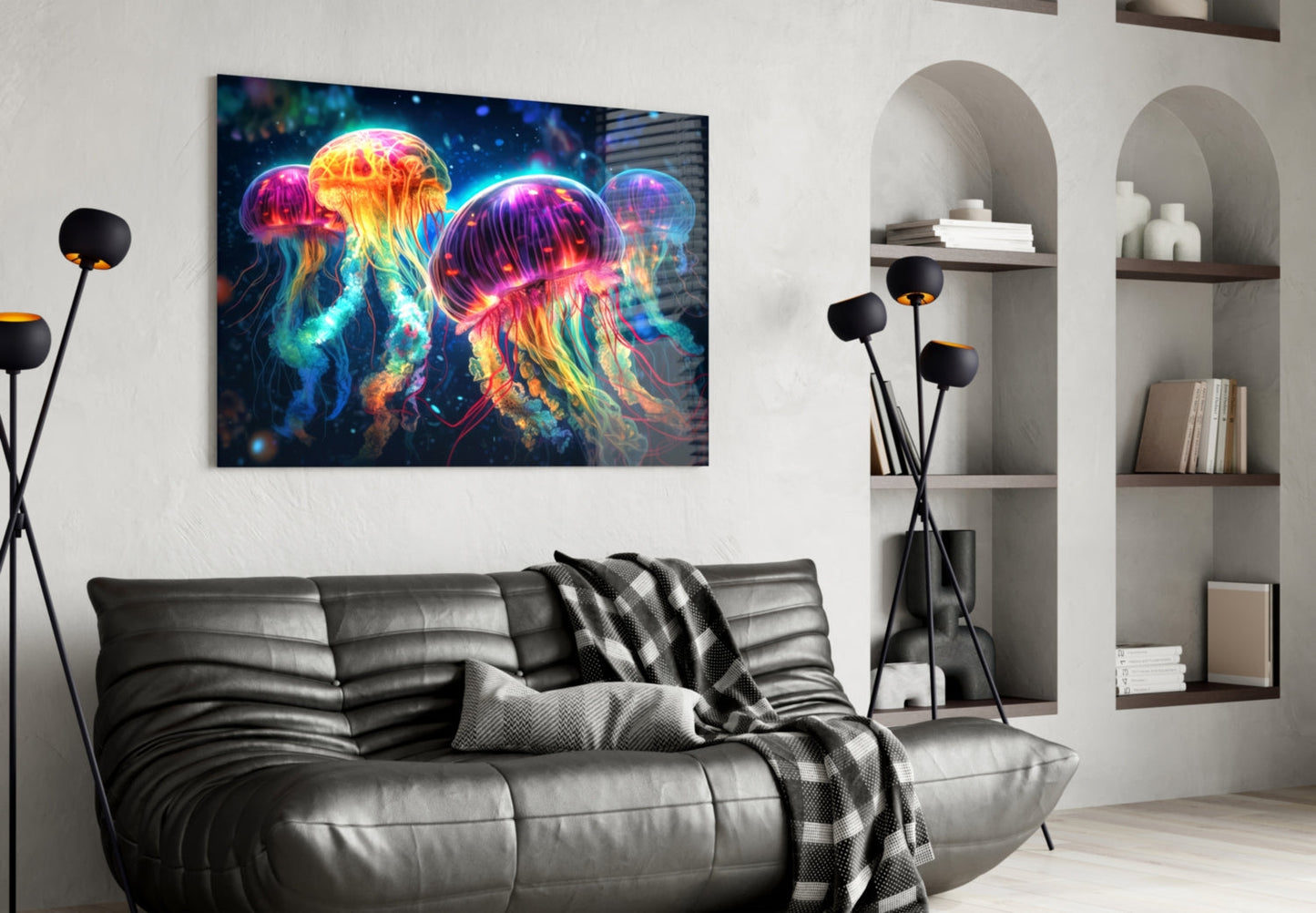 Four Neon Jellyfish Deep Sea Glow Glass Wall Art
