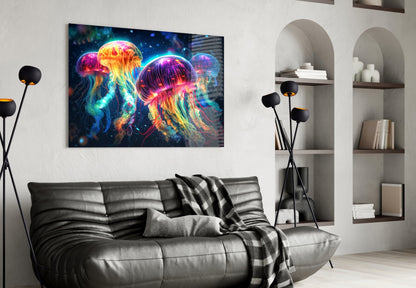 Four Neon Jellyfish Deep Sea Glow Glass Wall Art