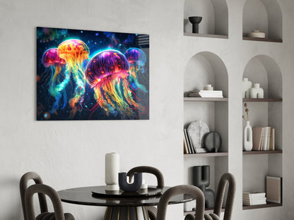 Four Neon Jellyfish Deep Sea Glow Glass Wall Art