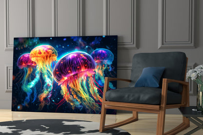 Four Neon Jellyfish Deep Sea Glow Glass Wall Art