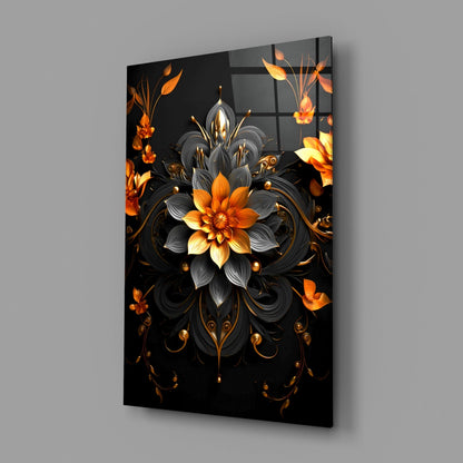 Black Gold Ornate Flower Mandala Glass Wall Art