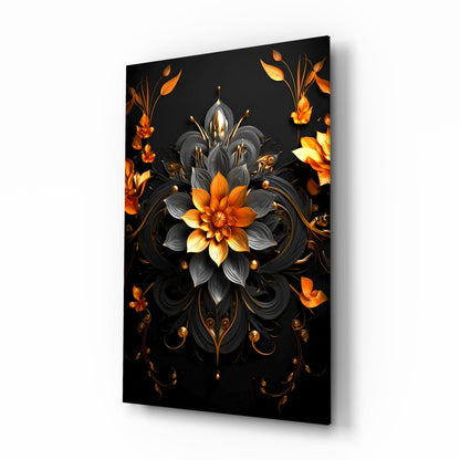 Black Gold Ornate Flower Mandala Glass Wall Art