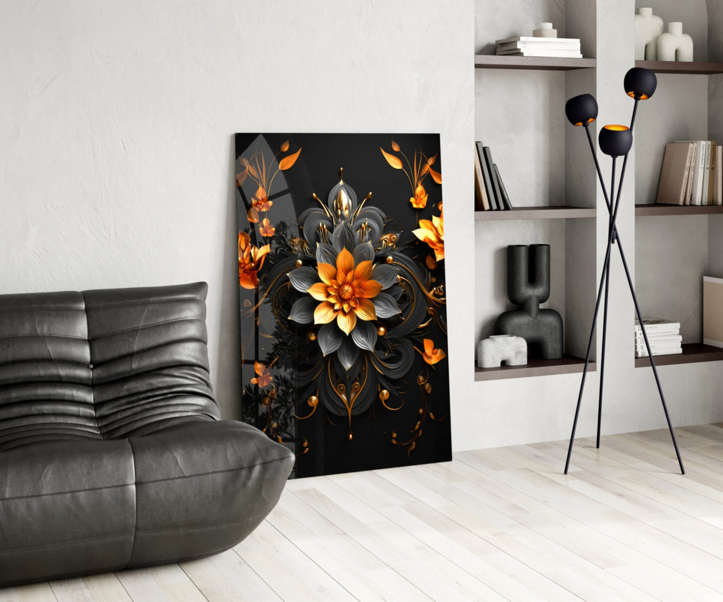 Black Gold Ornate Flower Mandala Glass Wall Art