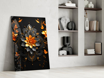 Black Gold Ornate Flower Mandala Glass Wall Art
