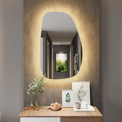 LED Bathroom Mirror Asymmetrical Design – Modern Backlit Wall Mirror with Dimmable Warm & Cool Light