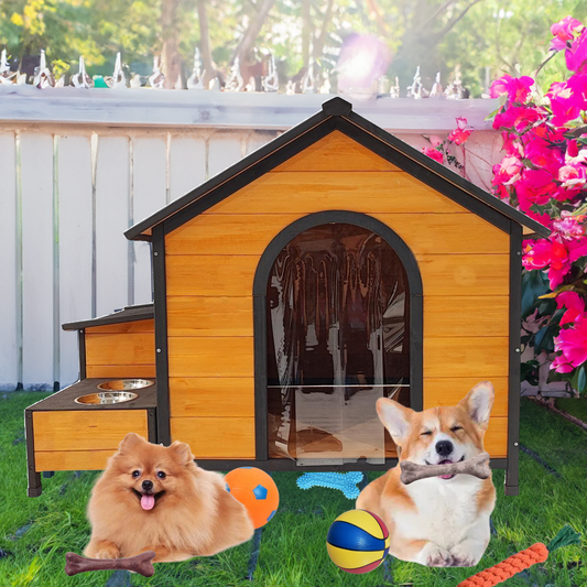 Outdoor Wooden Dog House Large - Dog Kennel with Metal Bowls & Toy Box Storage - Aypars Atelier