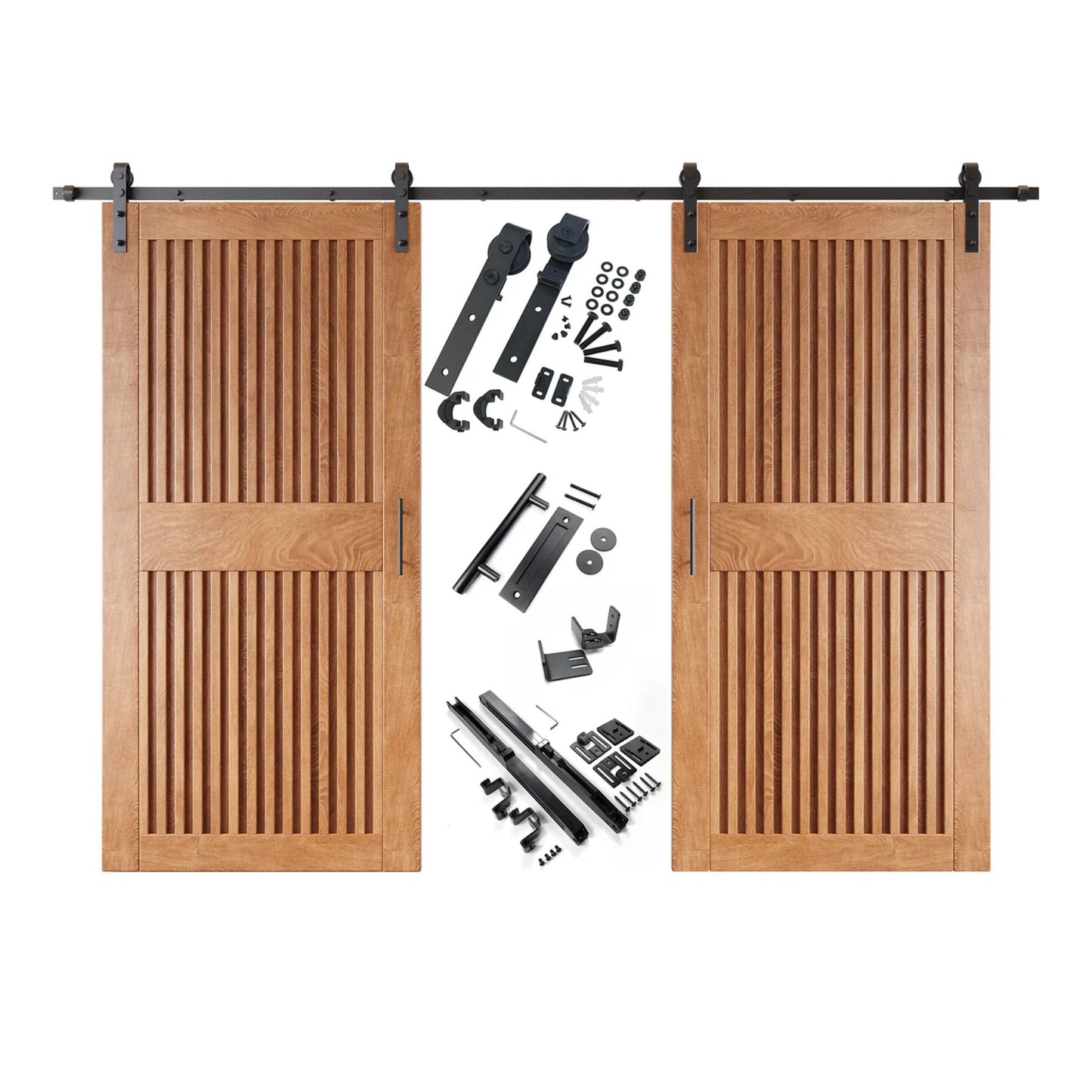 Double Barn Door Kit - Vertical Slat Design with Black Hardware & Custom Finishes