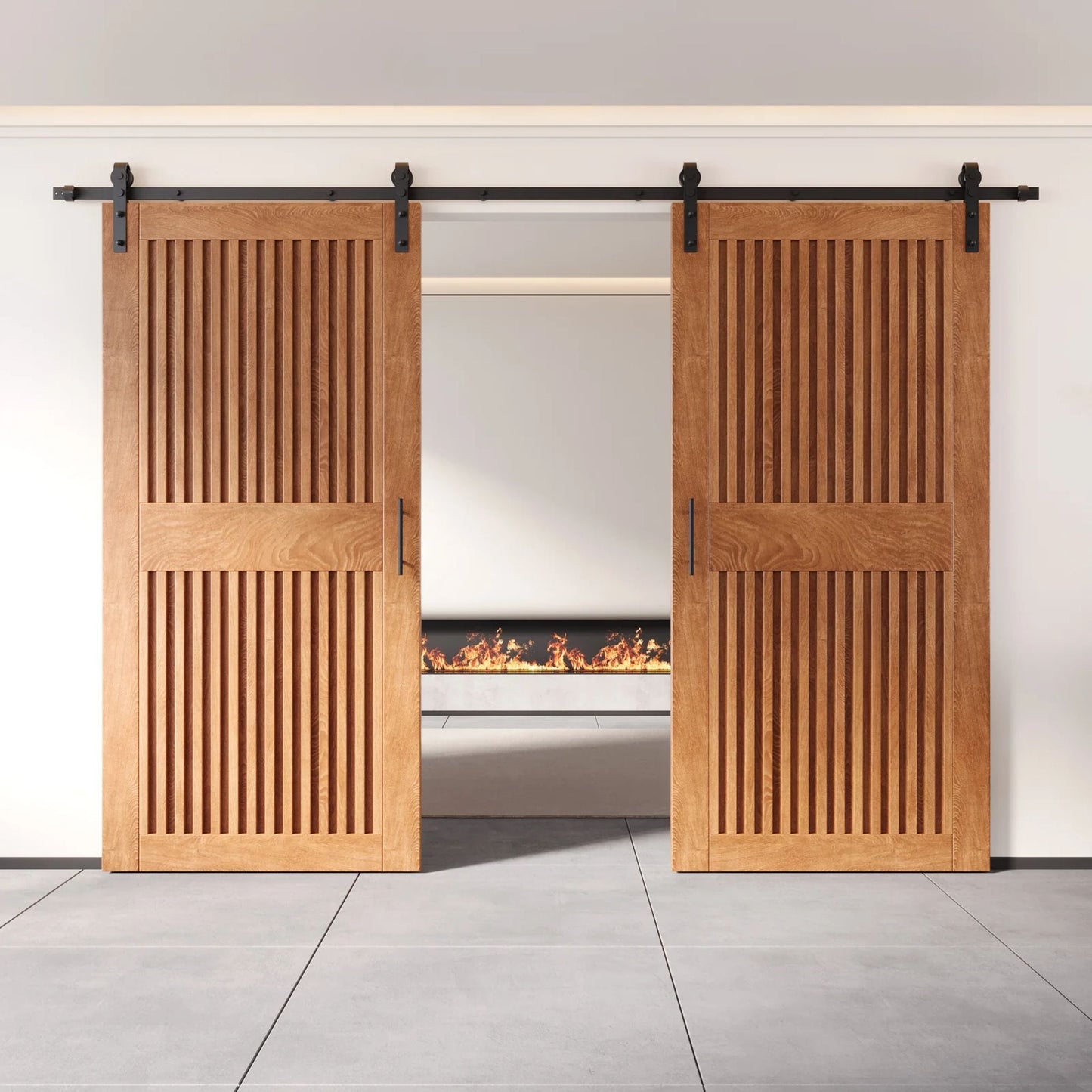 Double Barn Door Kit - Vertical Slat Design with Black Hardware & Custom Finishes