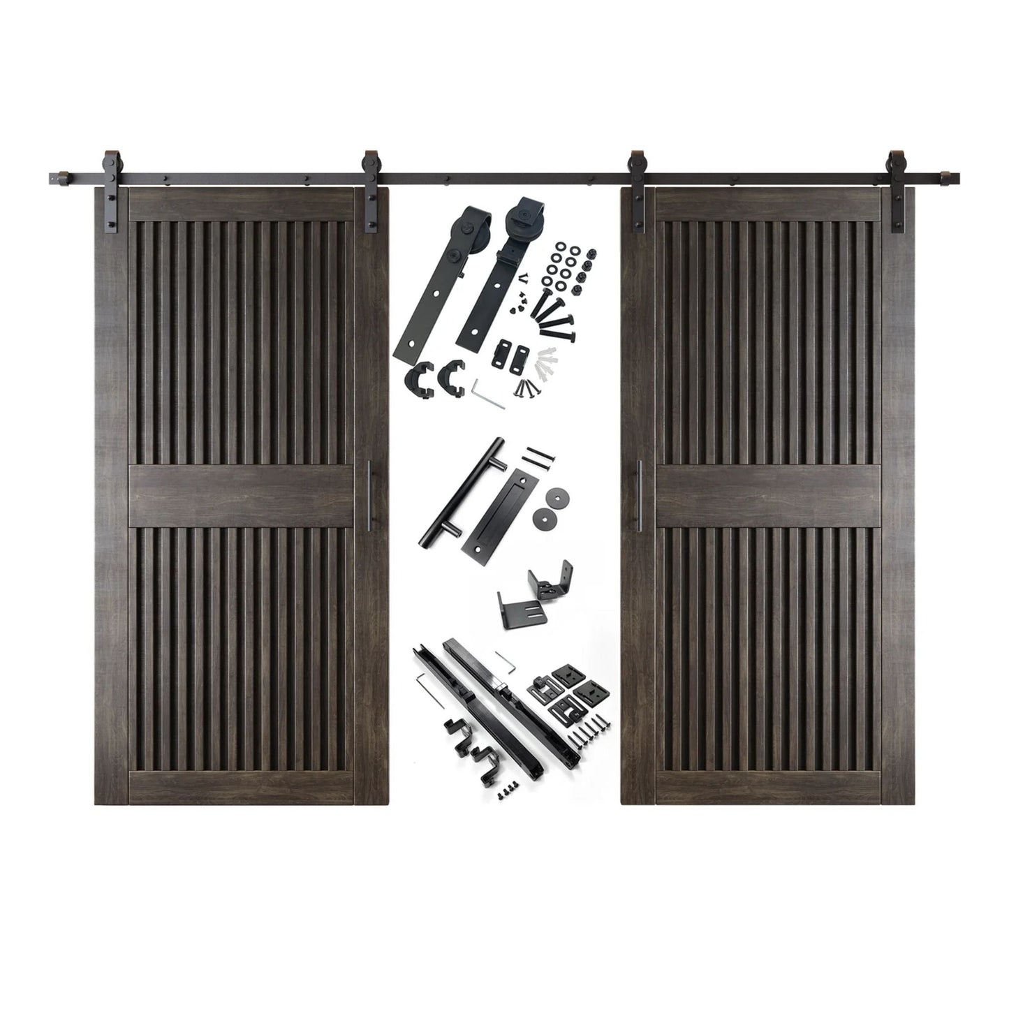Double Barn Door Kit - Vertical Slat Design with Black Hardware & Custom Finishes