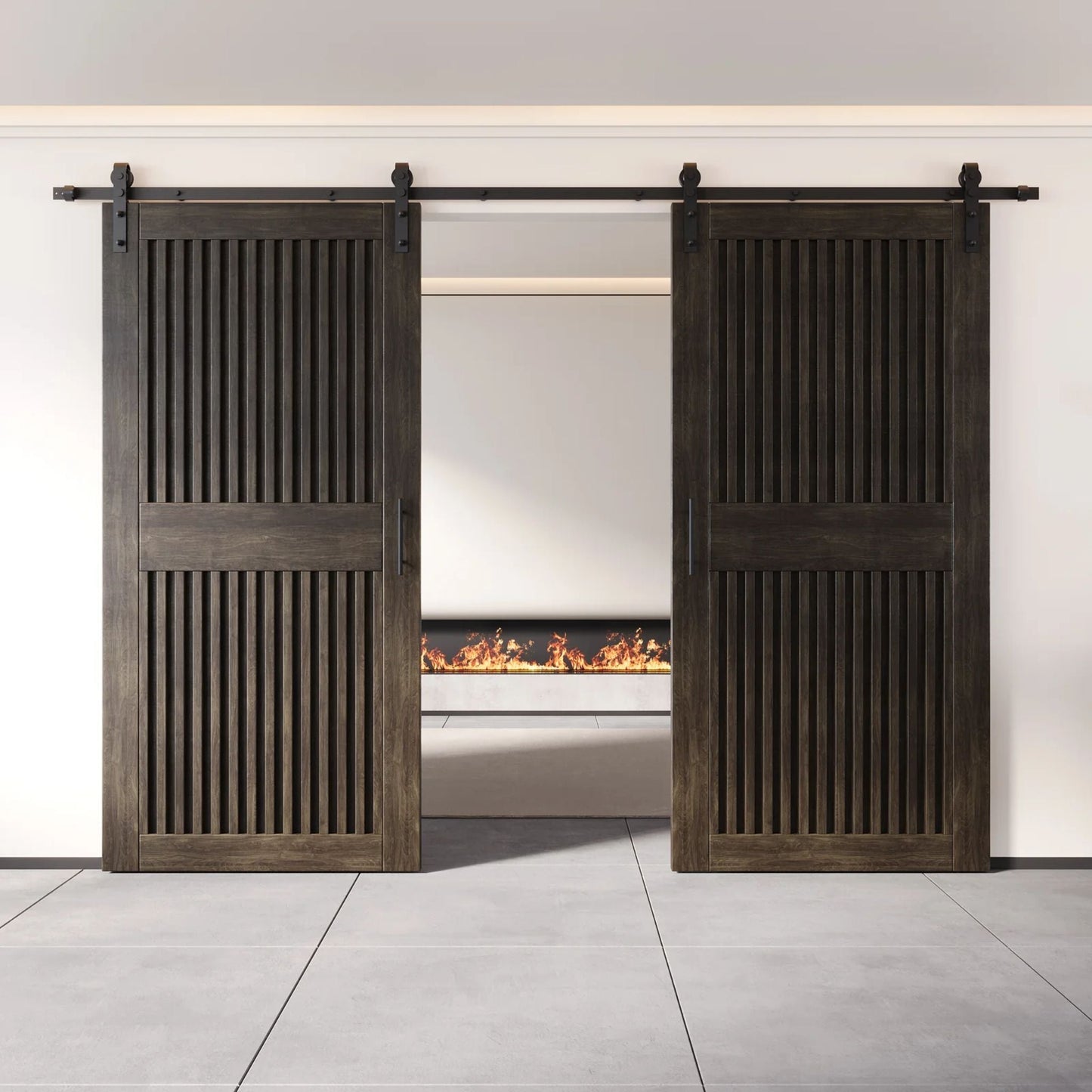 Double Barn Door Kit - Vertical Slat Design with Black Hardware & Custom Finishes