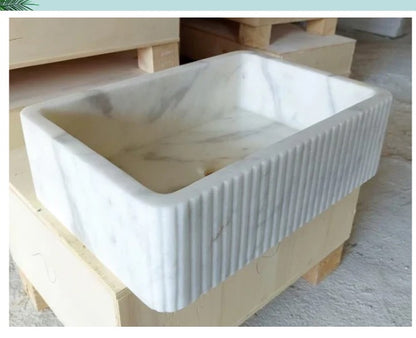 Marble Sink – Carrara White Wall-Mount Bathroom Sink Ribbed Textured | Luxury Natural Stone Vanity Basin 16"x24"x6"