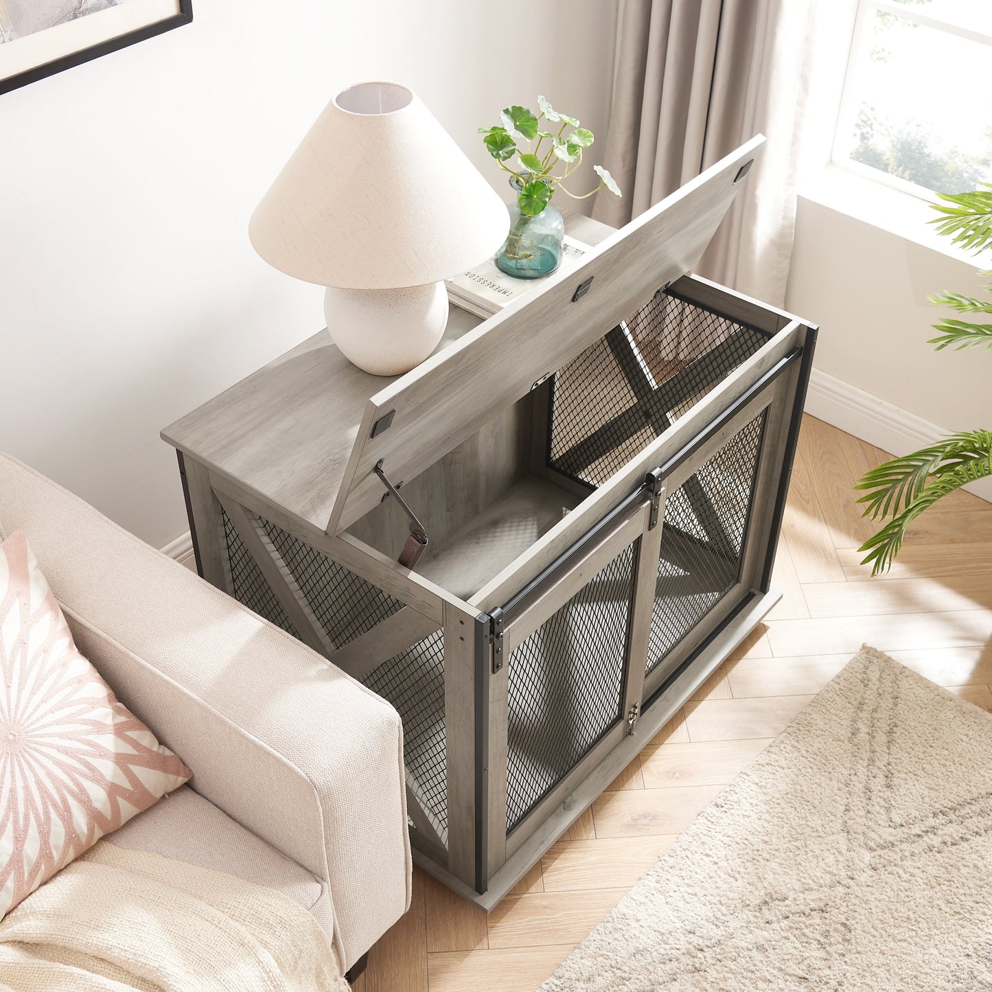 Wooden Dog Crate Furniture with Barn Door - Farmhouse Dog Cage End Table with Storage - Aypars Atelier